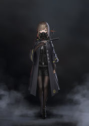 Rule 34 | 1girl, bad id, bad pixiv id, black footwear, black jacket, black pantyhose, black shirt, black shorts, blush, brown gloves, brown hair, collared shirt, commentary request, elbow gloves, fingerless gloves, gloves, green eyes, gun, hair ornament, hairclip, highres, holding, holding gun, holding weapon, jacket, pantyhose under shorts, long sleeves, looking at viewer, mask, mouth mask, open clothes, open jacket, original, pantyhose, red neckwear, respirator, shirt, shoes, short shorts, shorts, smoke, solo, standing, suppressor, v-shaped eyebrows, walking, weapon, wide sleeves, yurichtofen