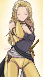 Rule 34 | 1990s (style), 1girl, alternate costume, bad id, bad pixiv id, blonde hair, breasts, celes chere, closed eyes, detached sleeves, earrings, female focus, final fantasy, final fantasy vi, gradient background, jewelry, long hair, retro artstyle, signature, solo, sword, weapon, yukihiro