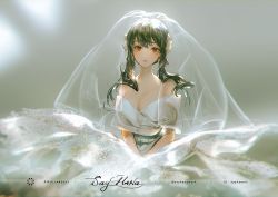 Rule 34 | 1girl, artist name, bare shoulders, blurry, blurry background, breasts, bridal veil, cleavage, day, depth of field, dress, earrings, flower, hair flower, hair ornament, jewelry, large breasts, looking at viewer, off-shoulder dress, off shoulder, outdoors, parted lips, pixiv id, red eyes, resolution mismatch, say hana, short hair with long locks, sidelocks, signature, smile, solo, source larger, spy x family, sunlight, twitter username, upper body, veil, wedding dress, white dress, white flower, yor briar
