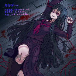 1girl black_hair black_serafuku blood blood_on_ground breasts commentary_request empty_eyes grin highres hime_cut long_hair long_skirt medium_breasts original pale_skin pleated_skirt purple_serafuku school_uniform serafuku shaded_face shibari shibari_under_clothes skirt smile solo translation_request very_long_hair vss83904922 wooden_floor