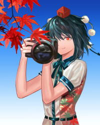 Rule 34 | 1girl, autumn leaves, black bow, black bowtie, black hair, blue background, bow, bowtie, branch, camera, closed mouth, collared shirt, commentary request, fingernails, gradient background, grey shirt, hair between eyes, hands up, hat, highres, holding, holding camera, leaf, leaf print, looking at viewer, pom pom (clothes), puffy short sleeves, puffy sleeves, red eyes, red hat, reki (user rcrd4534), shameimaru aya, shirt, short hair, short sleeves, smile, solo, standing, tokin hat, touhou, white background