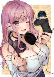 Rule 34 | 1boy, 1girl, antenna hair, bare shoulders, black hair, blue eyes, blush, breasts, buttons, chibi, choker, cleavage, controller, earphones, earrings, game controller, geshumaro, hair ornament, hairpin, highres, holding, holding controller, jewelry, large breasts, long hair, long sleeves, nail polish, open mouth, original, purple eyes, purple hair, spaghetti strap