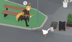 Rule 34 | 1boy, animal, arknights, bench, bird, chasing, goose, goose (untitled goose game), highres, holding, holding newspaper, mlynar (arknights), newspaper, park bench, parody, solo, style parody, uncleko5, untitled goose game