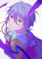 Rule 34 | 1boy, closed mouth, earrings, grey hair, heterochromia, highres, jacket, jewelry, looking at viewer, mahoutsukai no yakusoku, male focus, multicolored shirt, orange shirt, owen (mahoutsukai no yakusoku), piza-chan, red eyes, shirt, short hair, smile, solo, white background, white jacket, white shirt, yellow eyes