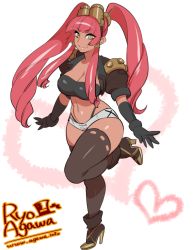 Rule 34 | 1girl, agawa ryou, ankle boots, artist name, bad id, bad tumblr id, black thighhighs, blunt bangs, boots, breasts, cleavage, curvy, full body, high heel boots, high heels, huge breasts, leg lift, long hair, looking at viewer, navel, pink hair, smile, solo, standing, thick thighs, thighhighs, thighs, twintails, watermark, web address, wide hips, yellow eyes