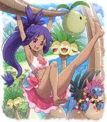Rule 34 | 1girl, absurdres, alolan exeggutor, alolan form, armpits, arms up, barefoot, bikini, bikini skirt, cloud, commentary request, creatures (company), dark-skinned female, dark skin, day, eyelashes, game freak, gen 3 pokemon, gen 5 pokemon, gen 7 pokemon, hair tie, hanging, haxorus, highres, hydreigon, iris (pokemon), jewelry, long hair, looking at viewer, necklace, nintendo, open mouth, outdoors, pink bikini, pokemoa, pokemon, pokemon (creature), pokemon bw2, purple hair, sky, soles, swimsuit, teeth, toes, tongue, upper teeth only, wailord, water