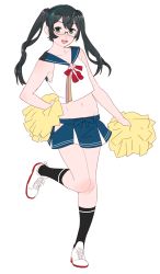 Rule 34 | 10s, 1girl, :d, alternate hairstyle, black hair, blush, cheerleader, full body, glasses, green eyes, kantai collection, long hair, navel, ojipon, ooyodo (kancolle), open mouth, pom pom (cheerleading), sailor collar, shoes, simple background, smile, sneakers, solo, standing, standing on one leg, white background