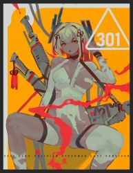 Rule 34 | 1girl, absurdres, bandaid, bandaids on nipples, black choker, choker, flower knot, grey hair, hand up, highres, looking at viewer, open mouth, orange eyes, pasties, polilla, scabbard, sheath, short hair, sitting, solo, spread legs, sword, thigh strap, torn clothes, triangle mouth, weapon, wristband