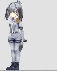 Rule 34 | 10s, 1girl, arms at sides, belt, bird tail, black gloves, black hair, blouse, bodystocking, breath, fingerless gloves, full body, gloves, grey background, grey hair, grey shirt, grey shorts, kemono friends, legs together, long hair, low ponytail, multicolored hair, necktie, orange hair, shirt, shoebill (kemono friends), short sleeves, shorts, side ponytail, simple background, sman, solo, standing, tail, white necktie, yellow eyes