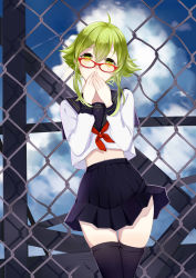 Rule 34 | 1girl, absurdres, ahoge, bad id, bad pixiv id, black skirt, black thighhighs, blue sky, breasts, chain-link fence, clothes lift, cloud, covered mouth, covering own mouth, cowboy shot, cross, day, fence, glasses, green eyes, green hair, gumi, hair between eyes, hand to own mouth, highres, long sleeves, looking at viewer, maorzshu, matching hair/eyes, midriff, miniskirt, pleated skirt, red-framed eyewear, red ribbon, ribbon, school uniform, serafuku, shirt, short hair, short hair with long locks, sidelocks, skirt, skirt lift, sky, solo, thigh gap, thighhighs, upskirt, vocaloid, white shirt, wind, zettai ryouiki