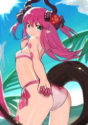 Rule 34 | 1girl, 4410 (kanimiso), absurdres, ass, bikini, commentary request, day, dragon girl, dragon horns, dragon tail, elizabeth bathory (fate), elizabeth bathory (fate/extra ccc), fate/grand order, fate (series), flat chest, flower, from behind, green eyes, hair flower, hair ornament, hand on own ass, hand on own face, highres, horns, long hair, looking back, outdoors, pink bikini, pink hair, pointy ears, side-tie bikini bottom, smile, solo, swimsuit, tail