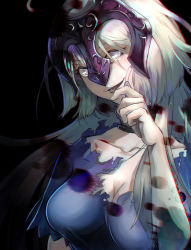 Rule 34 | bad id, bad pixiv id, black background, blonde hair, blood, breasts, cleavage, fate/grand order, fate (series), hair over one eye, head tilt, headpiece, highres, jeanne d&#039;arc (fate), jeanne d&#039;arc (ruler) (fate), jeanne d&#039;arc alter (avenger) (fate), jeanne d&#039;arc alter (fate), large breasts, otaota, ruler (fate/grand order), smile, solo