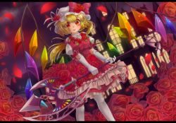 Rule 34 | 1girl, alternate costume, alternate weapon, axe, battle axe, blonde hair, cloud, dress, dutch angle, elbow gloves, embellished costume, flandre scarlet, flower, flower necklace, frilled skirt, frills, gloves, halberd, hat, hat flower, hat ribbon, highres, jewelry, kakiikada, layered dress, letterboxed, lips, looking at viewer, mob cap, necklace, pantyhose, parted lips, petals, polearm, puffy short sleeves, puffy sleeves, red dress, red eyes, red flower, red rose, ribbon, rose, scarlet devil mansion, short hair, short sleeves, side ponytail, skirt, solo, touhou, weapon, white pantyhose, wings