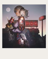 Rule 34 | 12-gauge, 12-gauge (2 3/4 inch shell), 1girl, ammunition, armor, bag, ballistic shield, black ribbon, breasts, burger, commentary request, cup, drinking, drinking straw, earbuds, earphones, english text, food, franchi, from side, full moon, girls&#039; frontline, grey hair, hair ribbon, holding, holding food, large breasts, lens flare, moon, note, plastic bag, pleated skirt, profile, red eyes, red skirt, ribbon, scenery, shield, shield module, shotgun shell, sign, skirt, solo, spas-12 (girls&#039; frontline), sunset, twintails, yan wan