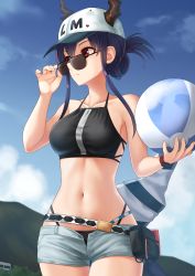 Rule 34 | 1girl, absurdres, adjusting eyewear, adjusting glasses, arknights, arm up, balloon, bare shoulders, bikini, bikini under clothes, black bikini, blue sky, breasts, ch&#039;en (arknights), ch'en (arknights), cloud, cloudy sky, demon horns, fanny pack, female tourist c (arknights), halterneck, hat, highres, holding, holding balloon, horns, kurisu-kun, looking away, looking over eyewear, looking over glasses, medium breasts, mountain, navel, official alternate costume, open clothes, open shorts, outdoors, peaked cap, purple hair, red eyes, short hair, short shorts, shorts, sky, solo, standing, stomach, sunglasses, swimsuit, tinted eyewear, underwear, watch, white shorts, wristwatch