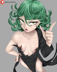 Rule 34 | 1girl, breasts, female focus, green eyes, green hair, grey background, looking at viewer, medium hair, one-punch man, open mouth, simple background, small breasts, solo, tatsumaki, torn clothes, ttrop