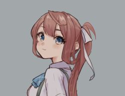 Rule 34 | 1girl, alternate hairstyle, asagumo (kancolle), blue eyes, blush, breasts, brown hair, grey background, hair ribbon, kantai collection, long hair, looking at viewer, medium breasts, nuno (pppompon), ponytail, ribbon, shirt, simple background, solo, suspenders, upper body, very long hair, white ribbon, white shirt