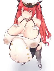 Rule 34 | 1girl, akai (riaakai), azur lane, black sailor collar, breasts, breasts apart, bursting breasts, cleavage, covered erect nipples, garter straps, gloves, hand on own chest, hat, honolulu (azur lane), large breasts, peaked cap, pregnant, red eyes, red hair, sagging breasts, sailor collar, shirt, solo, standing, tight clothes, tight shirt, twintails