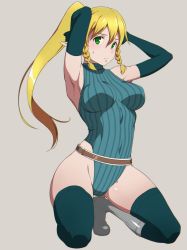 Rule 34 | 1girl, armpits, arms behind head, bare shoulders, belt, blonde hair, blue gloves, blue leotard, blue thighhighs, blush, boots, braid, breasts, elbow gloves, elf, eyebrows, female focus, full body, gloves, gluteal fold, green eyes, grey background, kneeling, large breasts, leafa, leotard, long hair, looking at viewer, nervous, pointy ears, ponytail, puge, shiny skin, simple background, solo, striped clothes, striped leotard, sweatdrop, sword art online, thighhighs, thighs, twin braids, very long hair, wide hips