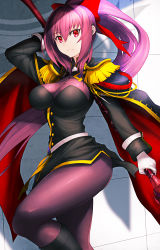 Rule 34 | 1girl, alternate hairstyle, breasts, fate/grand order, fate (series), gae bolg (fate), hair ribbon, highres, holding, holding polearm, holding spear, holding weapon, large breasts, long hair, looking at viewer, polearm, ponytail, purple hair, red eyes, ribbon, scathach (fate), solo, spear, srsojiro, very long hair, weapon