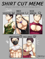 Rule 34 | 1boy, areola slip, artist name, bikini, bikini top only, boku no hero academia, bow, bowtie, brown hair, camouflage, cleavage cutout, closed mouth, clothes lift, clothing cutout, covered erect nipples, grey background, highres, male focus, mask, mature male, meme, mouth mask, multiple drawing challenge, muscular, overhaul (boku no hero academia), pectoral cleavage, pectoral focus, pectorals, purple bow, purple bowtie, qina (qinazuma tno), self exposure, shirt cut meme, shirt lift, short hair, sidepec, solo, swimsuit, tank top, tnoqina, twitter username, waistcoat