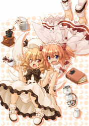 Rule 34 | 2girls, blonde hair, blue eyes, book, chestnut mouth, coffee, coffee beans, coffee pot, cup, drill hair, fang, female focus, hat, hirasaka makoto, luna child, multiple girls, open mouth, orange hair, patterned background, red eyes, smile, sunny milk, touhou, twintails, wings