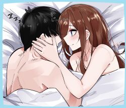 Rule 34 | 1boy, 1girl, bare arms, bare shoulders, bed sheet, black hair, blue border, blue eyes, blush, border, brown hair, closed mouth, go-toubun no hanayome, hand on another&#039;s face, highres, long hair, looking at another, lying, mame1645, nakano miku, on side, profile, shared blanket, short hair, sleeping, topless male, uesugi fuutarou, under covers, zzz