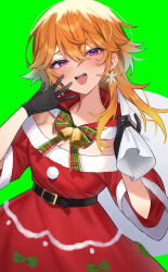 Rule 34 | 1girl, :d, absurdres, aotake iro, bag, bell, belt, black belt, black gloves, bow, breasts, christmas, cleavage, commentary, cowboy shot, dress, earrings, gloves, gradient hair, green background, green hair, hair between eyes, highres, holding, holding bag, hololive, hololive english, jewelry, large breasts, long hair, multicolored hair, open mouth, orange hair, purple eyes, santa dress, simple background, smile, snowflake earrings, solo, takanashi kiara, teeth, tree, upper teeth only, virtual youtuber