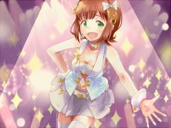 Rule 34 | 1girl, amami haruka, bad id, bad pixiv id, brown hair, choker, green eyes, hair ornament, hand on own hip, hip focus, idolmaster, idolmaster (classic), looking at viewer, open mouth, ribbon, smile, solo, tanaka (colorcorn)