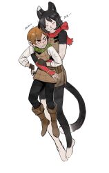 Rule 34 | 1boy, 1girl, affectionate, animal ears, arm guards, armor, barefoot, belt pouch, black gloves, black hair, black pants, body fur, boots, brown footwear, brown gloves, brown skirt, cat ears, cat girl, cat tail, cheek press, chilchuck tims, chocytd, closed eyes, dungeon meshi, fingerless gloves, floating, full body, gloves, green scarf, halfling, heads together, height difference, highres, izutsumi, korean commentary, korean text, leather armor, looking at another, looking back, nuzzle, pants, pouch, red scarf, scarf, shirt, short hair, skirt, sleeveless, sweatdrop, tail, white shirt