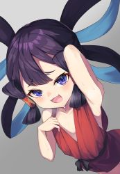 Rule 34 | 1girl, adjusting clothes, arm up, armpits, bad id, bad pixiv id, black hair, blurry, blurry foreground, blush, child, clothes pull, fang, hair rings, hair tubes, highres, japanese clothes, kimono, long hair, looking at viewer, mo-re:, pov, pulling own clothes, purple eyes, sakuna-hime, simple background, smile, smug, solo, sweat, tensui no sakuna-hime, very long hair