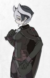 Rule 34 | 1girl, black cape, black eyes, black gloves, black hair, black jacket, black pants, cape, closed mouth, commentary request, cowboy shot, from side, gloves, grey background, grey hair, hair between eyes, hand on own hip, highres, jacket, jitome, long sleeves, looking at viewer, made in abyss, mi (pic52pic), multicolored hair, ozen, pants, pouch, profile, short hair, solo, standing, two-tone hair, whistle