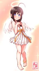 Rule 34 | 1girl, alternate costume, angel, angel wings, antenna hair, artist logo, barefoot, black hair, blue eyes, blush, braid, breasts, commentary request, dated, dress, full body, hair between eyes, hair flaps, hair over shoulder, halo, highres, kanon (kurogane knights), kantai collection, looking at viewer, pink background, shigure (kancolle), signature, simple background, single braid, sleeveless, sleeveless dress, small breasts, solo, white dress, wings