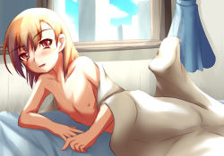 Rule 34 | 00s, 1girl, ast exception, bed, bed sheet, blanket, blush, collarbone, flat chest, fuyutsuki asuto, lying, misaka mikoto, naked sheet, nipples, nude, solo, toaru majutsu no index, under covers, window