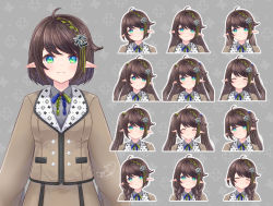 Rule 34 | 1girl, ^ ^, ahoge, blue eyes, braid, brown hair, brown jacket, brown skirt, closed eyes, collared shirt, copyright request, cropped torso, dress shirt, expressions, facing viewer, green eyes, green hair, grey background, grey shirt, grin, hair ornament, hair over shoulder, hand up, ittokyu, jacket, long hair, long sleeves, looking at viewer, multicolored hair, multiple views, one side up, outline, pointy ears, shirt, side ponytail, single braid, skirt, sleeves past wrists, smile, streaked hair, upper body, white outline