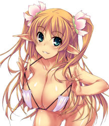 Rule 34 | 1girl, bikini, blonde hair, blue eyes, breasts, censored, cleavage, elf, flower, hair flower, hair ornament, huge breasts, leaning forward, long hair, original, pointy ears, pussy, shimakaze (soundz of bell), solo, swimsuit, twintails