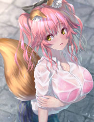 Rule 34 | 1girl, absurdres, animal ear fluff, animal ears, blush, bra, bra visible through clothes, breasts, cleavage, collarbone, fate/extra, fate/grand order, fate (series), fox ears, fox girl, fox tail, highres, japanese clothes, kamehito, large breasts, looking at viewer, nail polish, official alternate costume, open mouth, pink bra, pink hair, rain, school uniform, see-through, solo, tail, tamamo (fate), tamamo no mae (fate/extra), underwear, yellow eyes