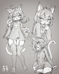 Rule 34 | 1girl, adjusting collar, ahoge, animal ear fluff, animal ears, animal feet, blush, braid, cat ears, cat girl, cat tail, claws, commission, fang, fewer digits, full body, furry, furry female, garter straps, go (1o22g), greyscale, head tilt, looking at viewer, monochrome, open mouth, original, panties, pawpads, pulled by self, rain, short hair with long locks, single braid, solo, tail, thighhighs, thighhighs pull, tongue, underwear, wet, wet clothes, wide sleeves