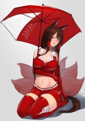 Rule 34 | 1girl, akagi (azur lane), animal ears, azur lane, bare shoulders, blunt bangs, boots, breasts, brown hair, character name, cleavage, collarbone, crop top, elbow gloves, eyeliner, eyeshadow, fox ears, fox tail, full body, gloves, grey background, hayabusa (vert 320), highres, kitsune, large breasts, long hair, looking at viewer, makeup, midriff, multiple tails, navel, open mouth, race queen, red eyes, red footwear, red gloves, red shorts, red thighhighs, red umbrella, short shorts, shorts, simple background, sitting, skindentation, smile, solo, tail, thigh boots, thighhighs, thighs, umbrella, very long hair, zettai ryouiki