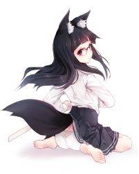 Rule 34 | 1girl, absurdres, animal ears, ass, barefoot, black hair, blunt bangs, clothes lift, feet, fox ears, fox tail, from behind, glasses, highres, lifted by tail, long hair, looking back, original, otokuyou, panties, pince-nez, pleated skirt, red eyes, sitting, skirt, skirt lift, soles, solo, sword, tail, underwear, wariza, weapon, white background, white panties