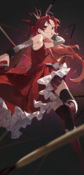 1girl absurdres arm_behind_head black_background black_bow black_thighhighs blurry boots bow breasts chain commentary_request depth_of_field detached_sleeves dress floating_hair food food_in_mouth frilled_dress frills from_side grin hair_bow highres holding holding_food long_hair magical_girl mahou_shoujo_madoka_magica mahou_shoujo_madoka_magica_(anime) modare pocky pocky_in_mouth red_background red_dress red_eyes red_footwear red_hair sakura_kyoko sakura_kyoko_(magical_girl) small_breasts smile soles solo teeth thighhighs twisted_torso weapon zettai_ryouiki