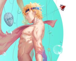 Rule 34 | 1boy, b (surl1128), blonde hair, bubble, caesar anthonio zeppeli, facial mark, feather hair ornament, feathers, feather hair ornament, headband, jewelry, jojo no kimyou na bouken, male focus, nude, pink scarf, ring, scarf, solo, stone mask (jojo)