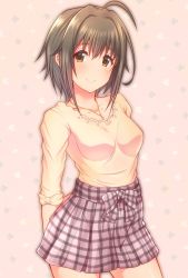 Rule 34 | 10s, 1girl, absurdres, ahoge, arms behind back, black hair, blush, bow, breasts, brown eyes, collarbone, commentary request, highres, idolmaster, idolmaster cinderella girls, jewelry, keffiy, kohinata miho, looking at viewer, looking to the side, necklace, plaid, plaid skirt, purple skirt, shirt, short hair, skirt, sleeves rolled up, small breasts, smile, solo, yellow shirt