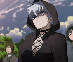 Rule 34 | 10s, akame ga kill!, breasts, cleavage, cloud, eyepatch, hood, najenda, parted lips, purple eyes, screencap, short hair, stitched, third-party edit, white hair
