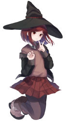 Rule 34 | 1girl, 5 106y, absurdres, bad id, bad pixiv id, black hat, black jacket, black pantyhose, brown eyes, brown footwear, brown hair, brown sweater, closed mouth, danganronpa (series), danganronpa v3: killing harmony, floating hair, full body, hat, highres, jacket, kneeling, long sleeves, medium hair, miniskirt, open clothes, open jacket, pantyhose, parted bangs, pleated skirt, red skirt, school uniform, simple background, skirt, smile, solo, sweater, v, white background, wing collar, witch hat, yumeno himiko