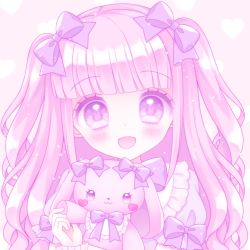Rule 34 | 1girl, :d, blush, bow, commentary request, dress, hair bow, heart, heart background, himetsuki luna, holding, holding stuffed toy, open mouth, original, pink background, pink hair, puffy short sleeves, puffy sleeves, purple bow, purple dress, purple eyes, rabbit-shaped pupils, short sleeves, smile, solo, stuffed animal, stuffed rabbit, stuffed toy, symbol-shaped pupils, two side up, upper body