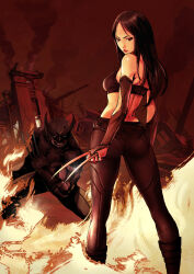 Rule 34 | 1boy, 1girl, absurdres, ass, black hair, claws, fire, highres, jay27, long hair, looking at viewer, looking back, marvel, ruins, wolverine (x-men), x-23, x-men