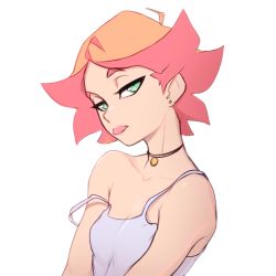 Rule 34 | 1girl, absurdres, ahoge, amanda o&#039;neill, breasts, earrings, green eyes, highres, jewelry, little witch academia, looking at viewer, necklace, orange hair, pudgeruffian, red hair, shirt, short hair, simple background, small breasts, solo, strap slip, tank top, tongue, tongue out, upper body, white background, white shirt