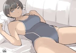 Rule 34 | 1girl, breasts, brown hair, couch, dated, feet out of frame, grey eyes, hadashi no kenji, highres, indoors, looking at viewer, lying, medium breasts, on back, one-piece swimsuit, short hair, solo, swimsuit, tan