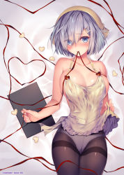 Rule 34 | 10s, 1girl, adapted costume, apron, apron lift, black pantyhose, blue eyes, blush, breasts, candy, chocolate, chocolate heart, clothes lift, collarbone, eyes visible through hair, food, gusset, hair ornament, hair over one eye, hair scarf, hairclip, hamakaze (kancolle), heart, highres, kantai collection, large breasts, looking at viewer, obiwan, panties, panties under pantyhose, pantyhose, short hair, silver hair, smile, solo, string in mouth, thighband pantyhose, twitter username, underwear, white panties